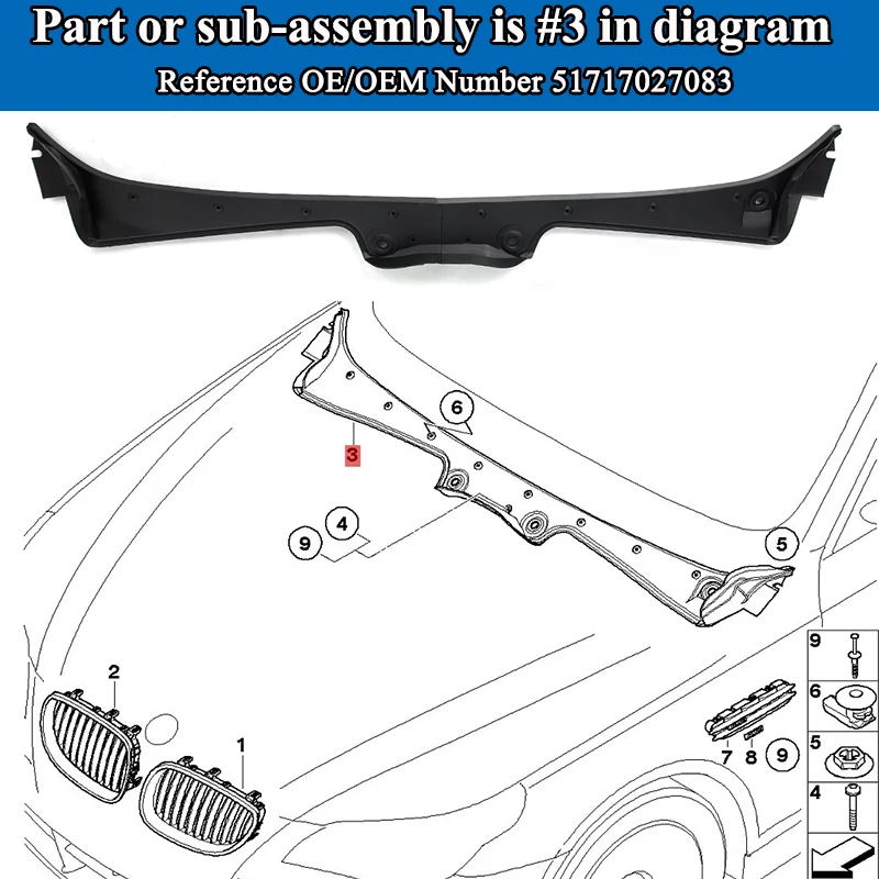 Front Windshield Wiper Cowl Panel Water Deflector For BMW 5 Series E60 E61 2003 2004 2005 2006 2007 2008 2009 2010 Car Accessories view 5