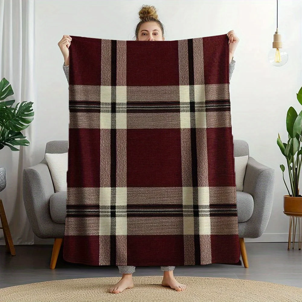 Manta decorativa con estampado de tejido a cuadros color burdeos, tela de franela suave para uso en interiores y exteriores para todas las estaciones, 1 ud.