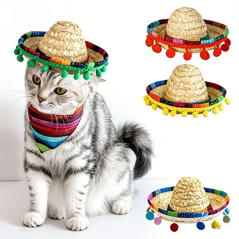 Mini Sombrero de paja para fiesta temática de mascotas, Sombrero mexicano, vacaciones, gato, cachorro, Mini Sombrero colorido, Sombrero de playa estilo Hawaii, Sombrero para el sol, suministros para mascotas