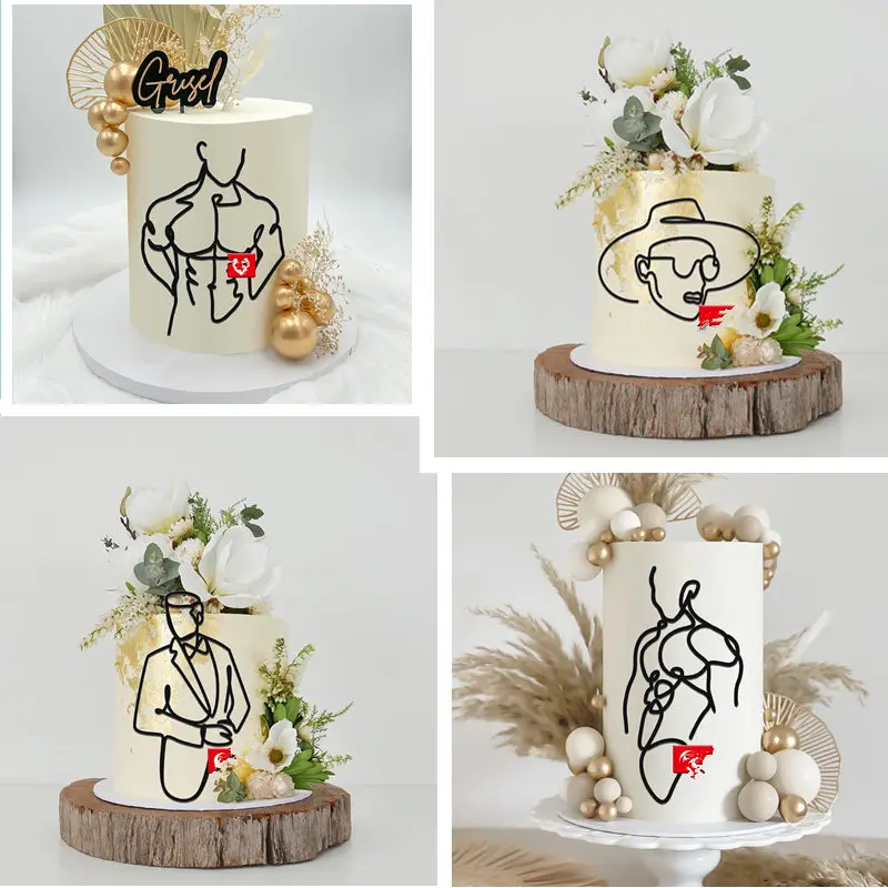 2023 Abstract Painting Happy Birthday Cake Topper gold Black Acrylic Side Face Boys Girls Party Cake Toppers Dessert Decoration