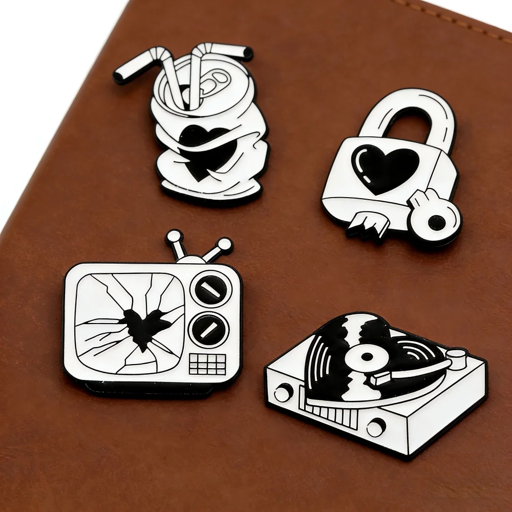 Cartoon Black White Items Enamel Alloy Badges Pins Multi Functional Adjustable DIY Cloth Home Decorative Accessory Brooch Crafts
