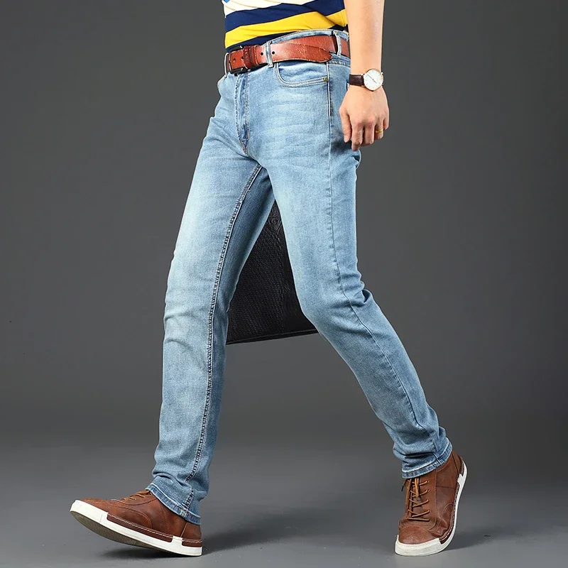 Wthinlee New Stretch Fashion Classic Blue Black Work Denim Business Men\'s Jeans Casual Straight  Trousers Male Brand Clothing