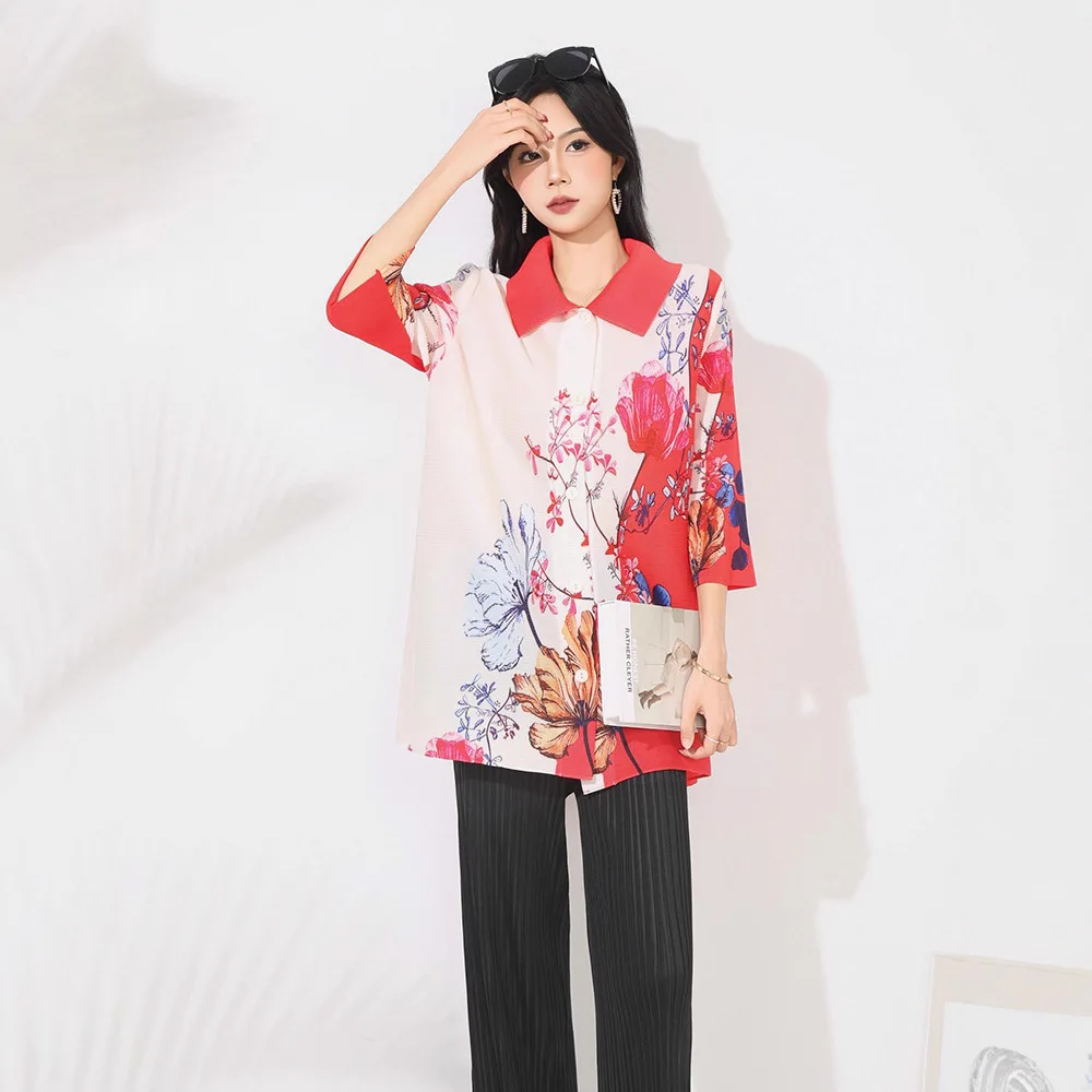 Miyake's New Spring and Summer Top Women's Pleated Fashion Print Loose Foreign Style Versatile Casual Lapel Breasted Shirt
