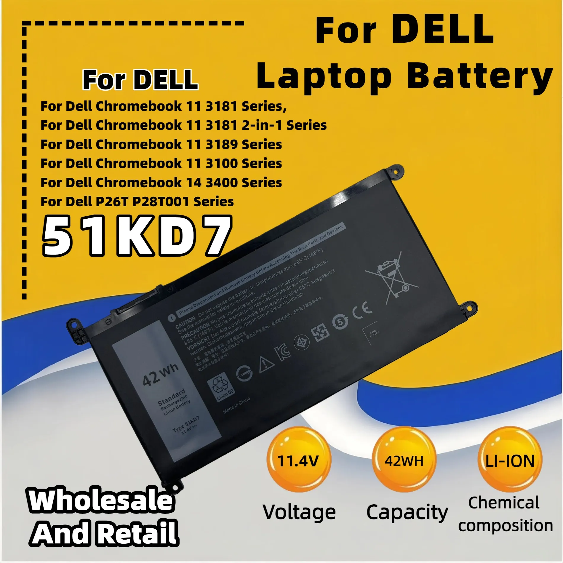 FRLESUI Battery 51KD7 For DELL Chromebook 11 3180 3181 3189 Latitude 11 3180 3189 Series 13 Months Warranty