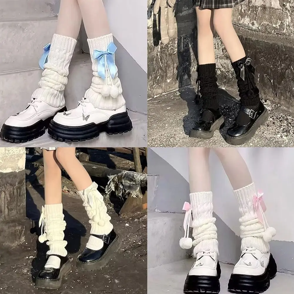 Fashion Lolita Knitted Leg Warmers Thermal Bowknot Leg Covers Fleece Lined Pom-pom Leg Warmers