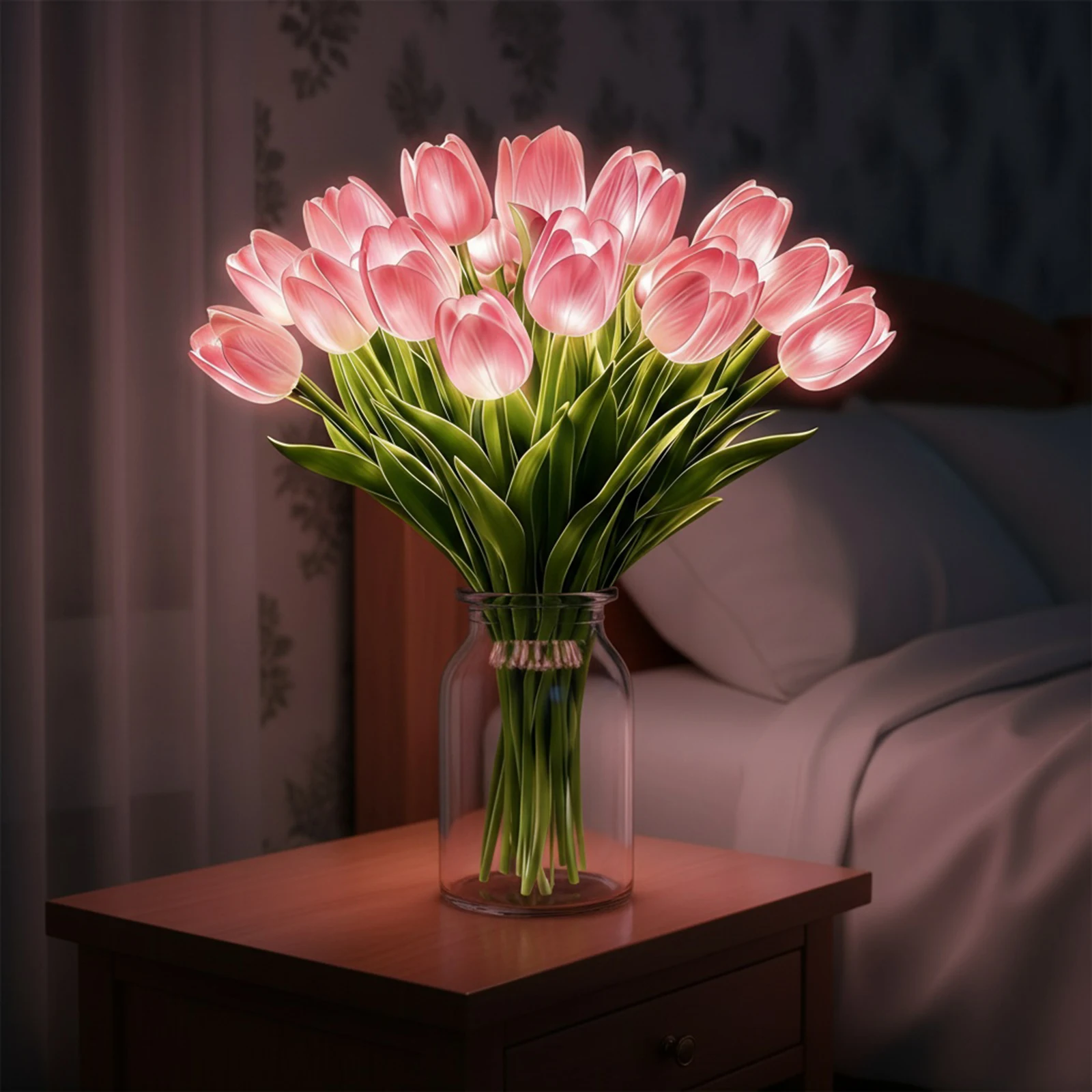 15 Stück Strahlende Romantische Tulpen-Lichter Warmes Licht Blumenförmige Ambiente-Lampe Einstellbare Tulpen-Nachtlampe für Schlafzimmer Nachttisch-Dekoration – Detail 1