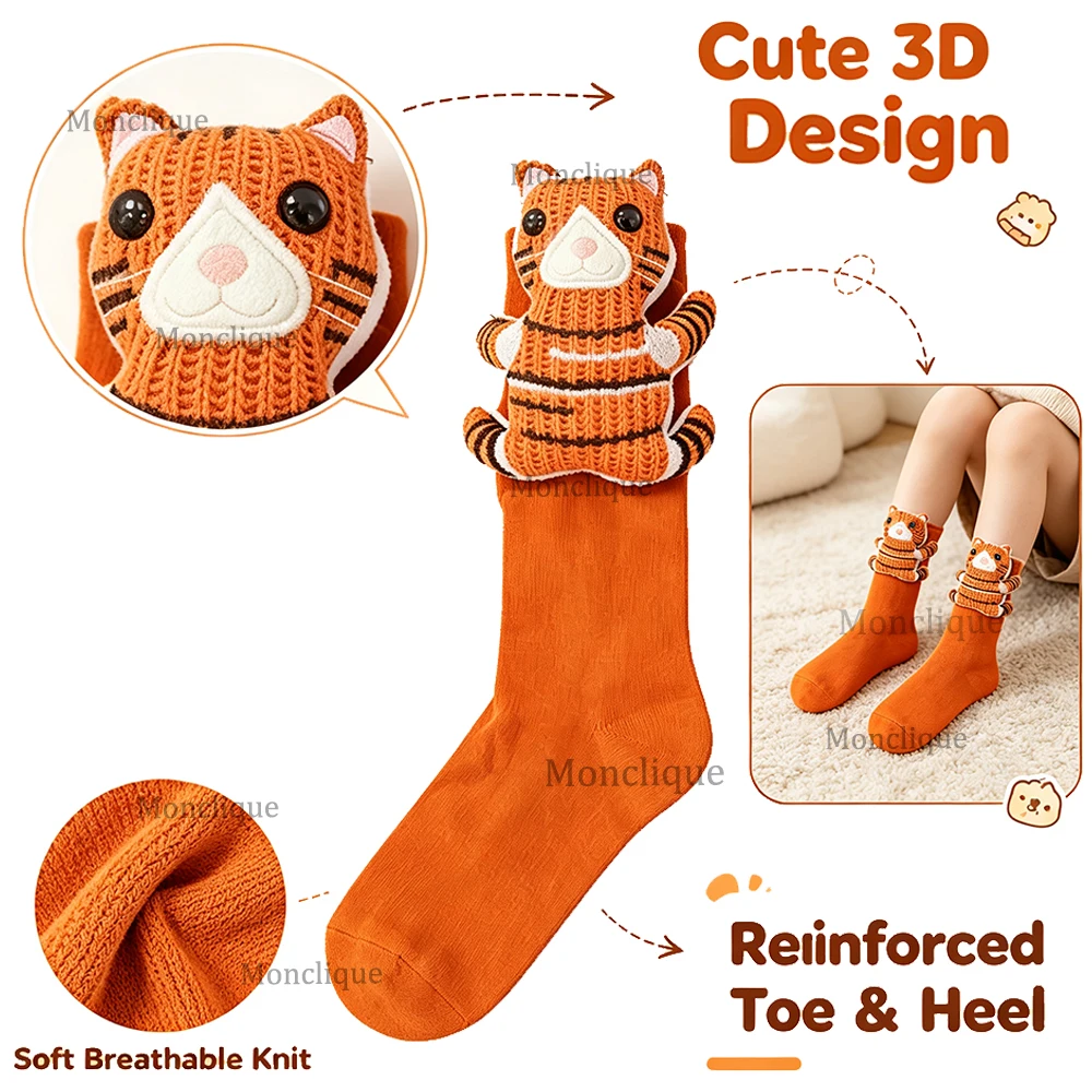 1/2 Pair 3D Stereo Tiger Cartoon Socks Cute Knitted Animal Plush Doll Tube Socks High Elasticity Breathable Fun Household Goods