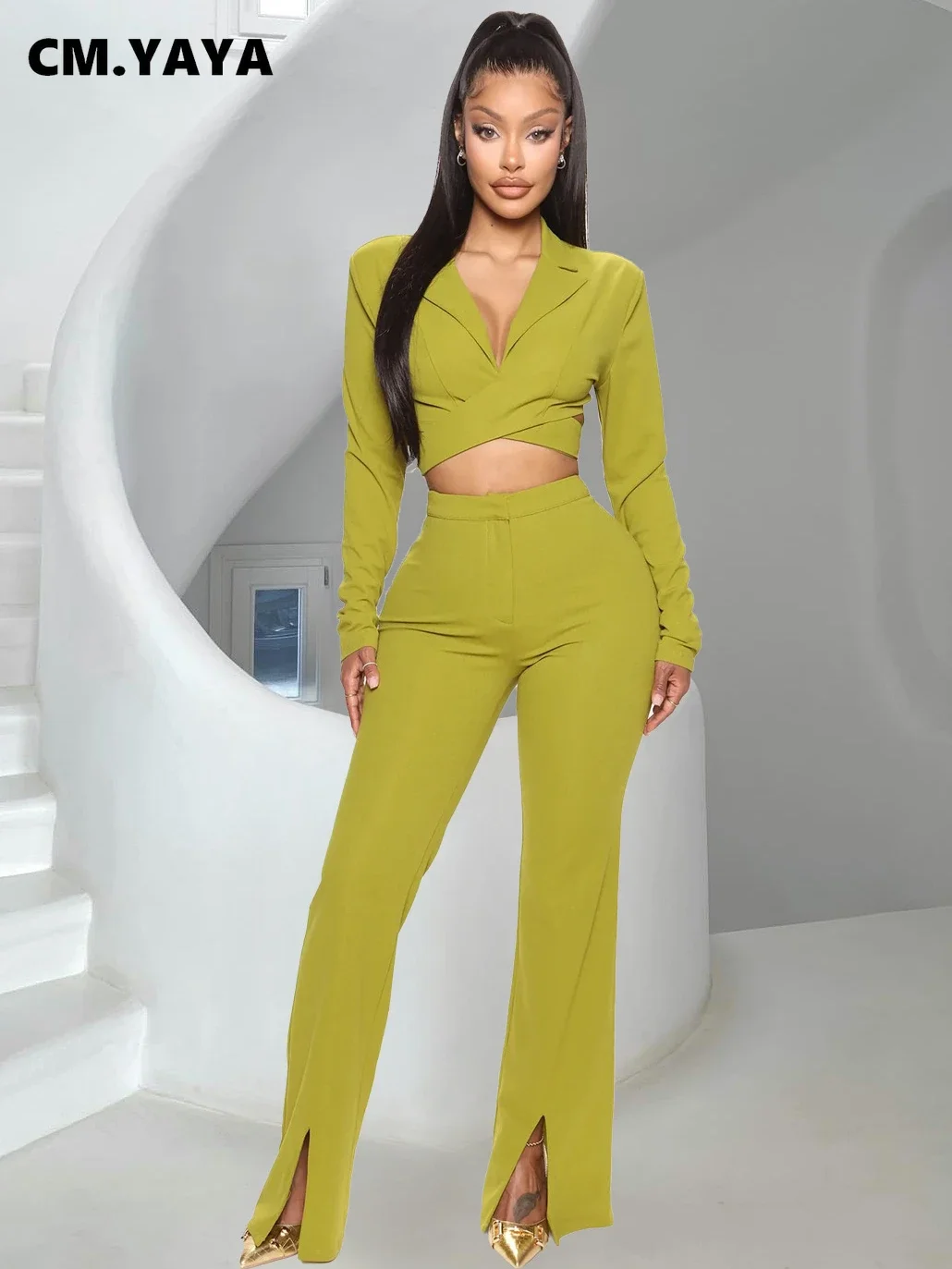 

Elegant Women's Set Office Lady Wraped Notched Neck Blazer and Flare Pants Suit Street Tracksuit Two 2 Piece Set Outfits