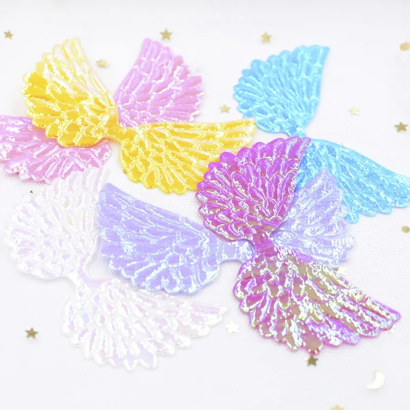 20Pcs 75*43mm Glitter AB Colors Angel Wing Appliques Double Sided Iridescent Fairy Wing Patches for Bowknot Bow Tie Ornament