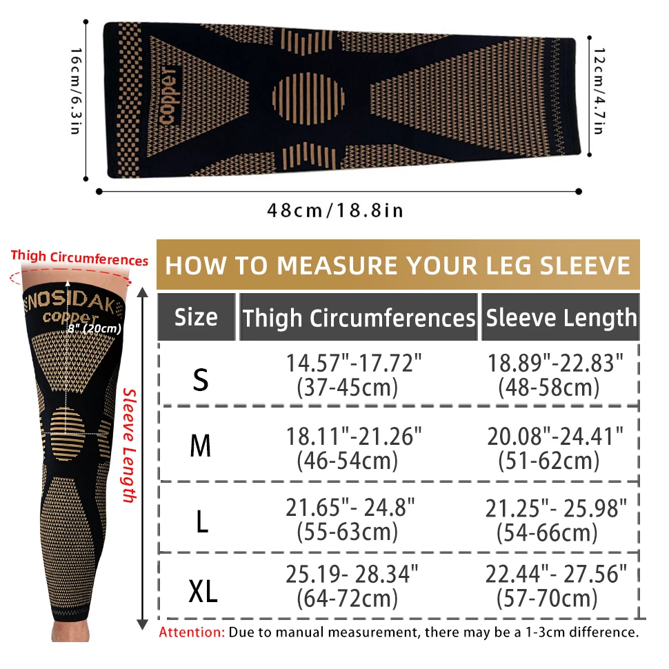 قطعة واحدة من دعامات الركبة المضغوطة الطويلة المحبوكة من النحاس - أكمام ضغط كاملة الساق للرجال والنساء - دعم للتمرين ﻿