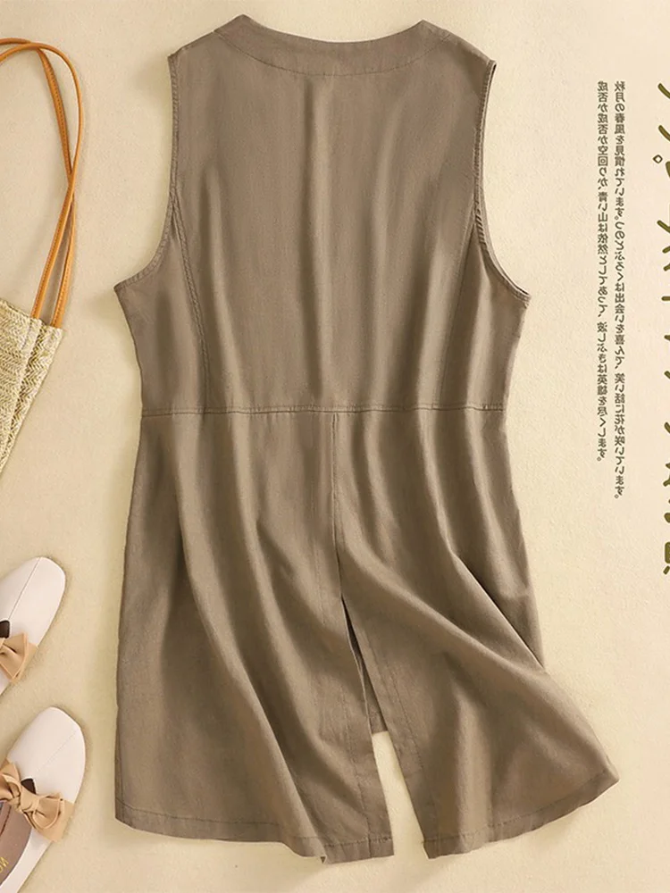 カジュアル Vネック レディース リネン タンクトップ コットンリネン ベスト ジャケット 通勤 スタイリッシュ ボタンディテール ミドル丈 片面ボタン