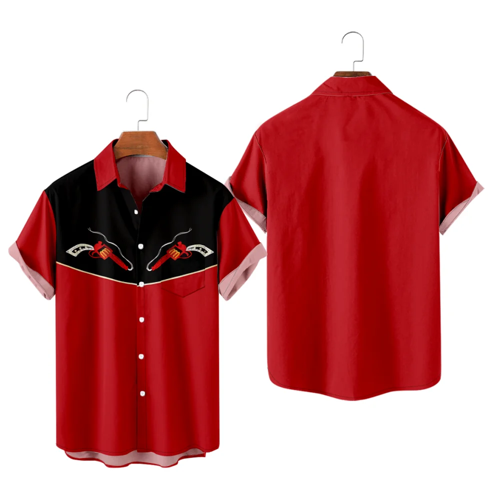 

Men's Casual Shirt Cool Revolver Print Red and Black Patchwork 3D Print Y2K Hombre Fashion Summer Shirt