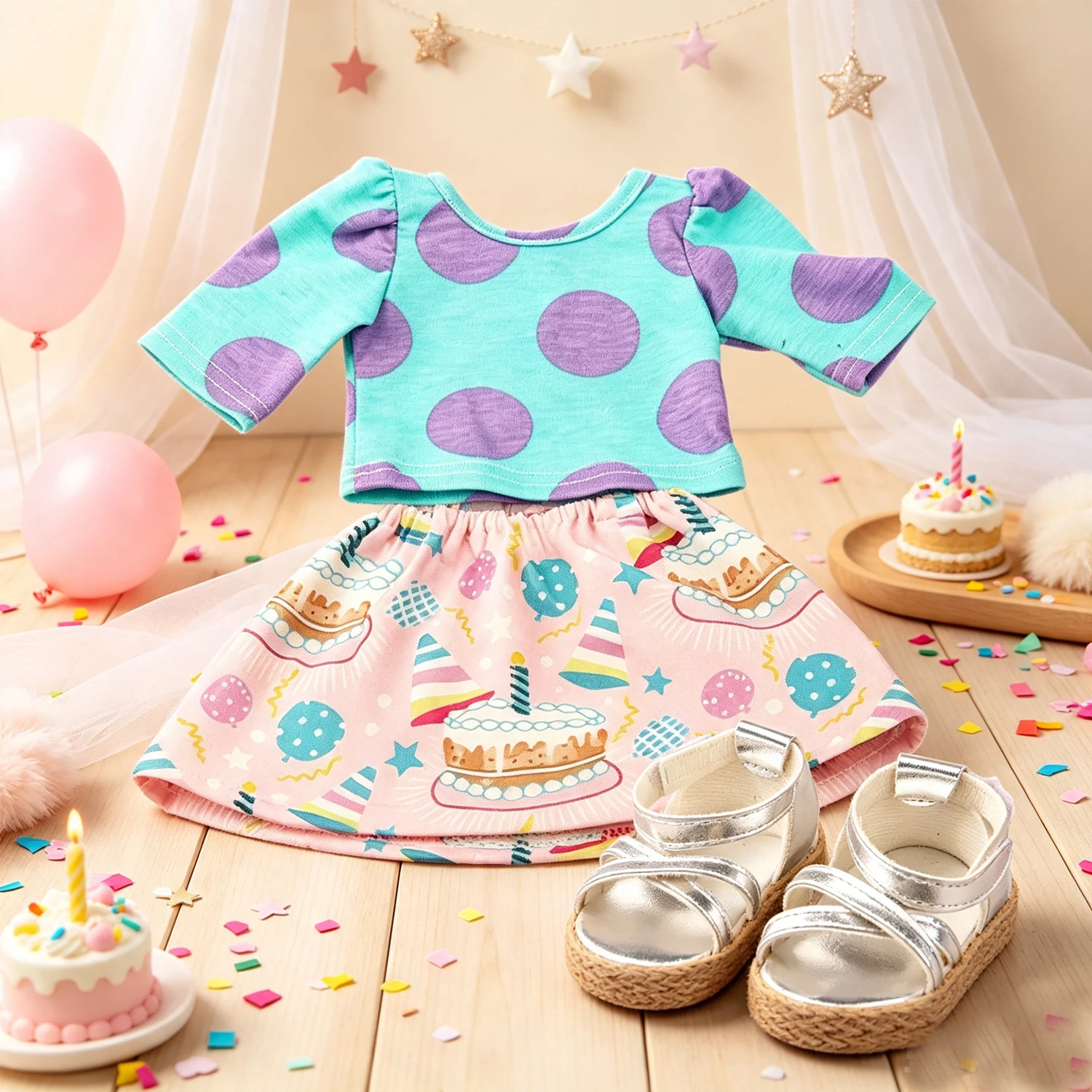 Colorful Doll Costume Crop Top Cake Print A-line Skirt Silver Platform Sandals Daily Outfit For 18