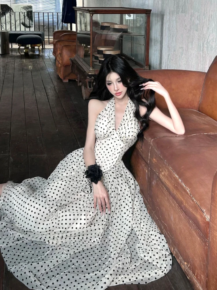 French Elegant Midi Dress Women Sleeveless beach Style Dot V-Neck Dress Evening Party One Piece Dress Vintage Chic Summer