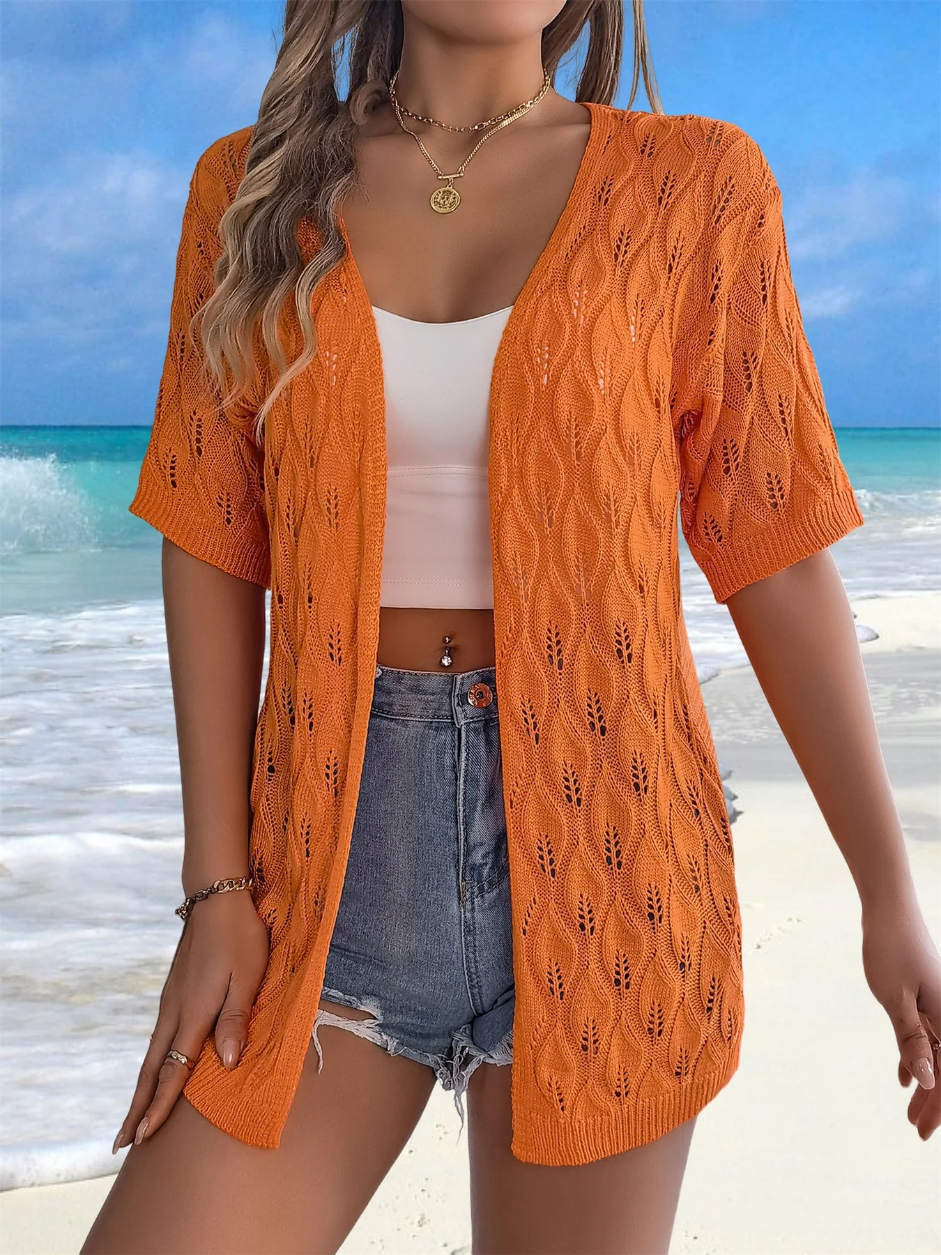 Women\'s Hollowed Out Short Sleeved Knitted Cardigan Vacation Sun Shirt Tunic Plus Size