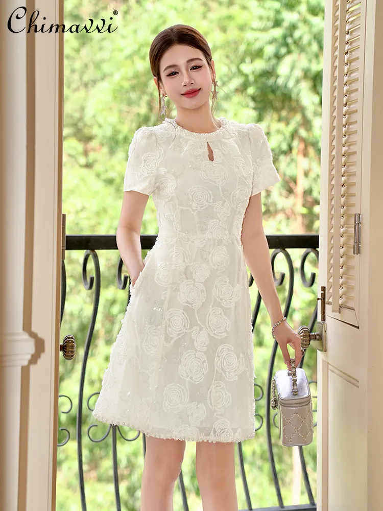 

French Style Elegant Fashion Socialite Embroidery Beading Round Neck Short Sleeves High Waist A-line Mini Dress for Women Summer