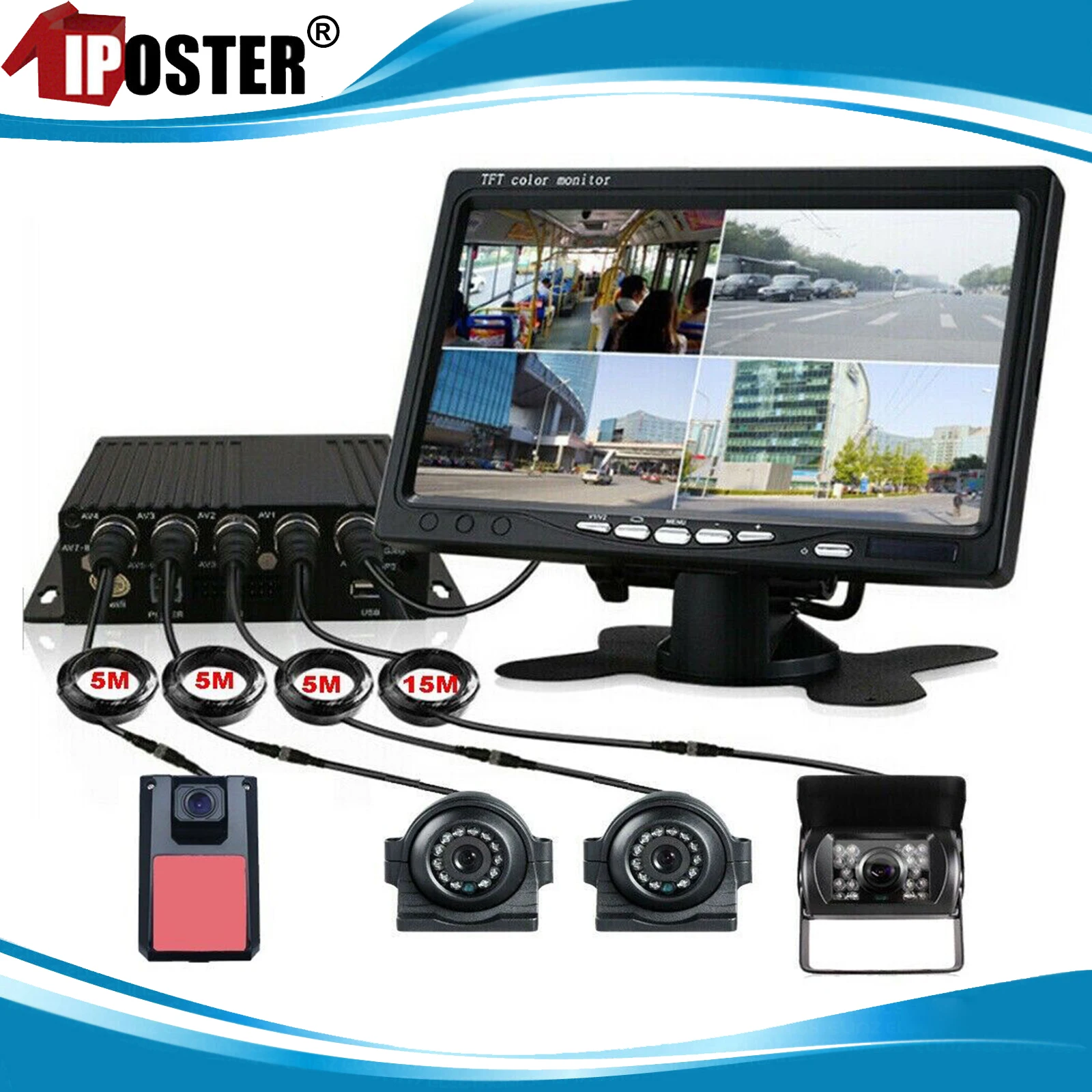 

iPoster 7 Inch Video HD Monitor DVR MDVR Kits + 4CH 1080P AHD Truck Bus Recorder Playback 4 Pcs Camera For RV Bus Car