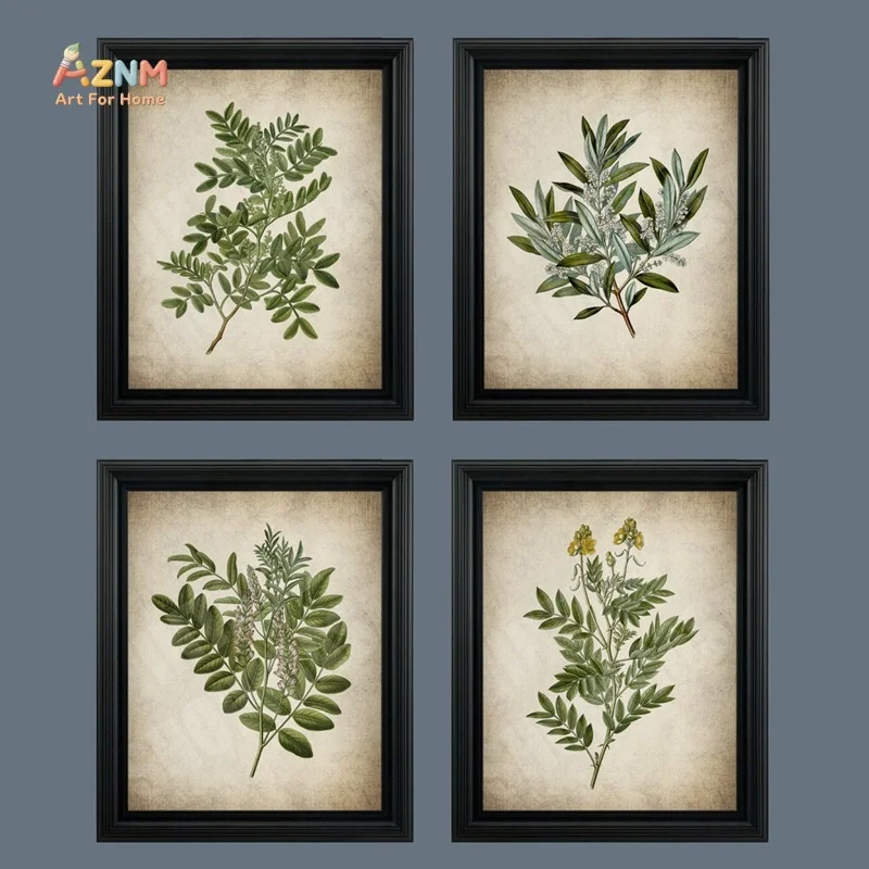 AZNM Vintage Botanical Canvas Wall Art,Retro Paper Green Plant Leaf Illustration Unframed Canvas Poster for Living Room Bedroom