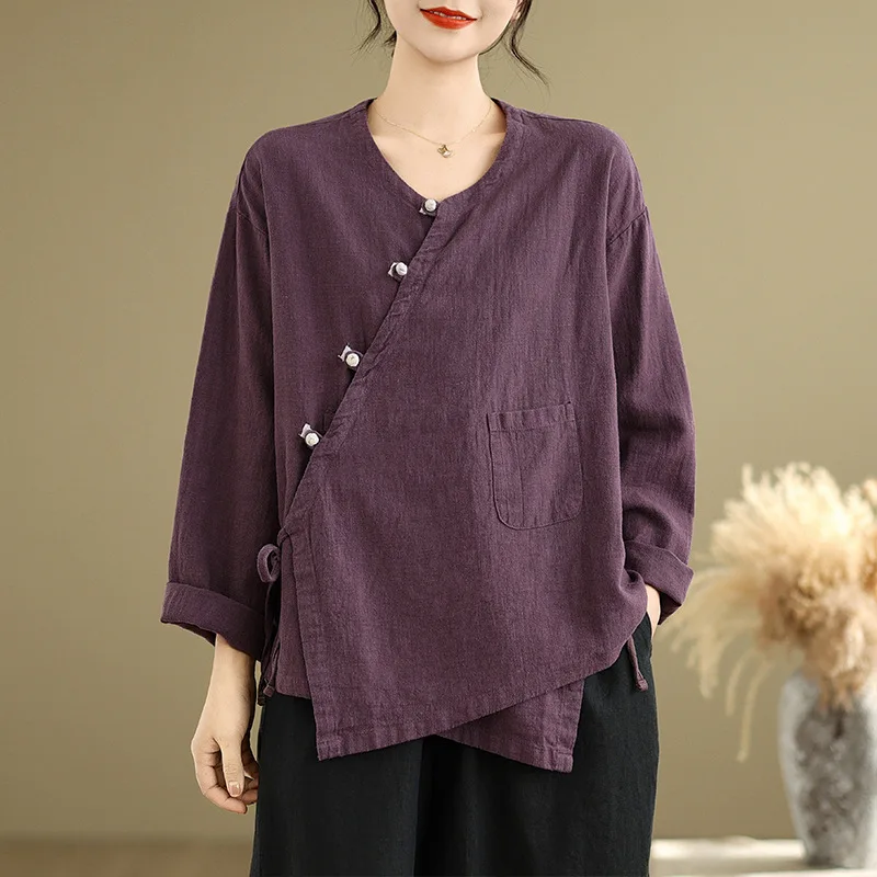 

Retro Button Top Women's 2025 New Zen Clothes Lace-up Cotton and Linen Cardigan Traditional Chinese Clothing for Women