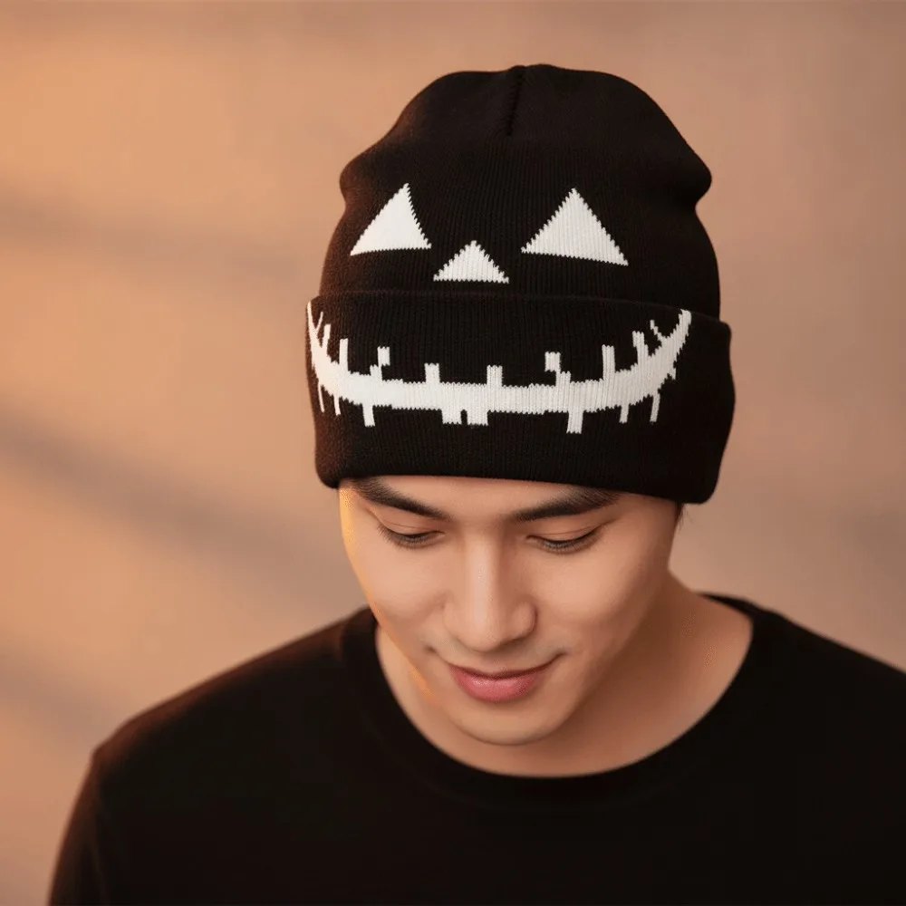 Knitted Fabric Pumpkin Beanie Hat Soft Texture Pumpkin Orange Halloween Knitted Cap Cuffed Brim High Elasticity Hip Hop Skullcap