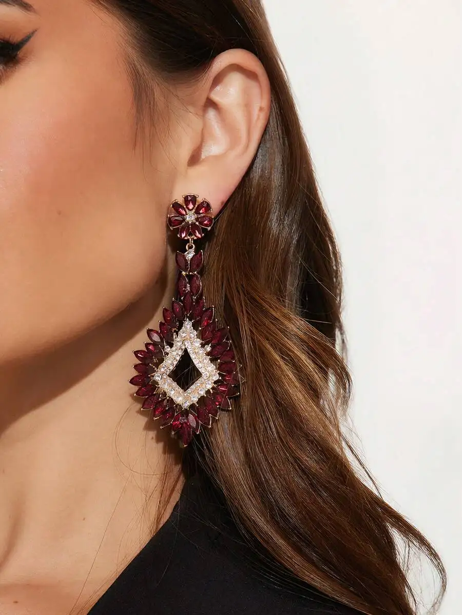 

Wine Red Rhinestone Geometric Drop Earrings For Women Wedding Party Banquet