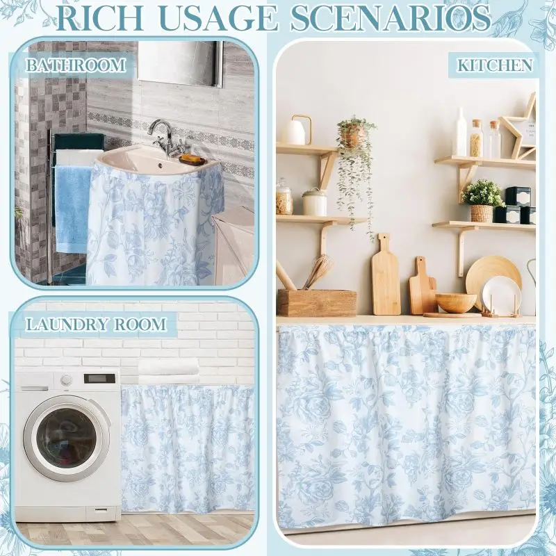 VIKAMA Blue Floral Rose Rod Pocket Under Sink Skirt Cabinet Curtain Farmhouse Kitchen Sink Decor Cover - view 4
