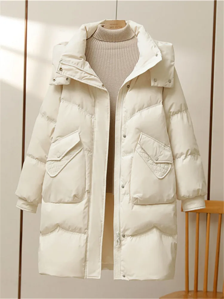 

Женская куртка на хлопковой подкладке, 2026, корейская версия, повседневное женское пальто, темпераментное пуховое хлопковое пальто, стильная верхняя одежда средней длины, женская