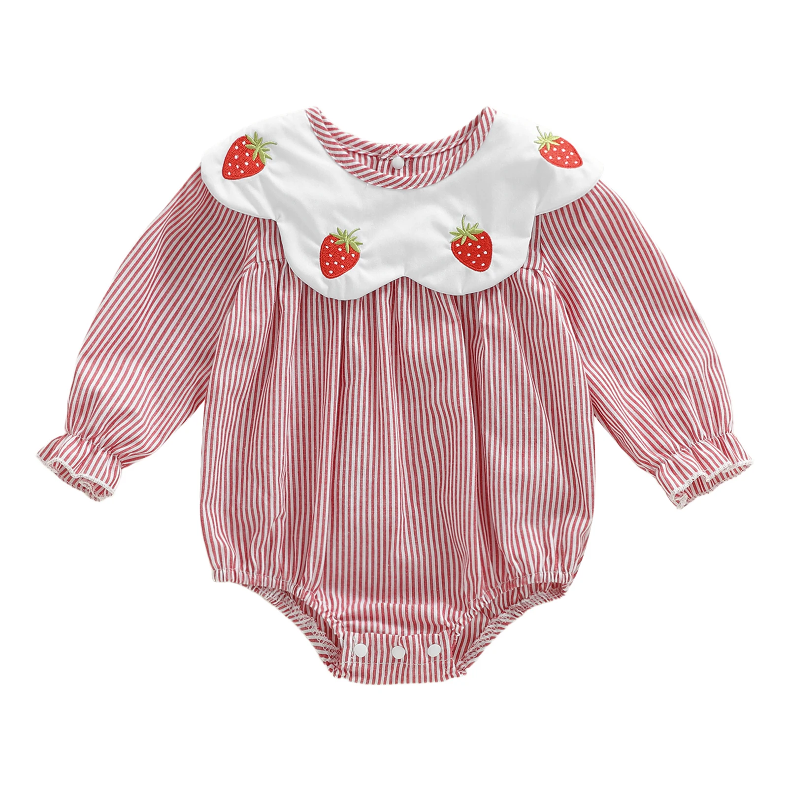 

Baby Girl Striped Romper Strawberry Embroidery Scalloped Collar Long Sleeve Infant Jumpsuit