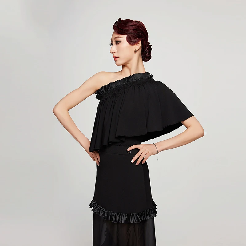 

Ballroom Dance Performance Costume Slant Shoulder Tops Ruffle Mesh Skirt Women Waltz Dance Dress Prom Competition Dress BL16505
