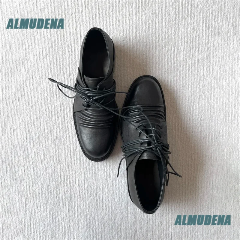 Black Leather Derby Shoes Multi Wrap Lace Ruched Toe Thick Sole Casual Dress Shoes Trendy Autumn Men's Shoes