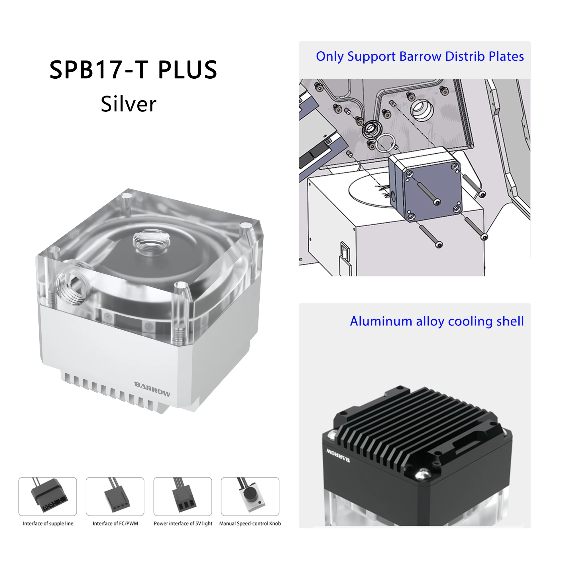 Barrow 17W DDC PWM pomp met doorlopende gaten, hefhoogte 5,5 meter, 960 l/u, 4000 tpm, regelbare pomp, geschikt voor distributieplaten SPB17-T PLUS/SPB17-T V2.