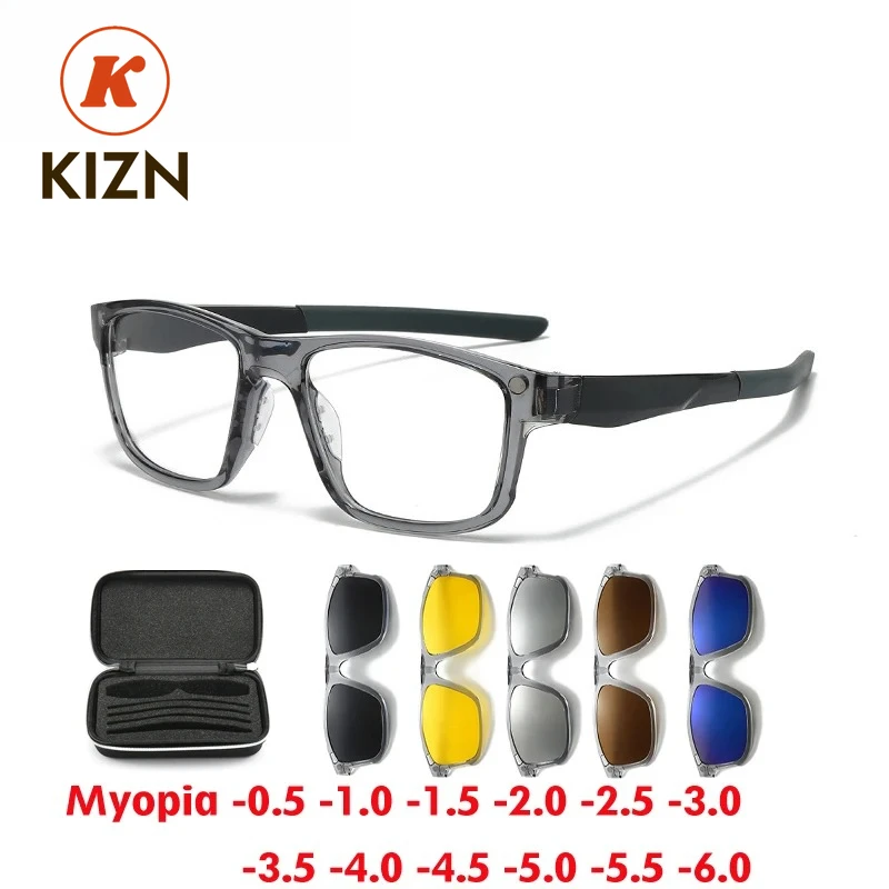 

Спортивная оправа KIZN 6 в 1, солнцезащитные очки для близорукости, поляризованные с магнитным зажимом, новинка 2025 года, мужские и женские оптические очки по рецепту от -0,50 до -10