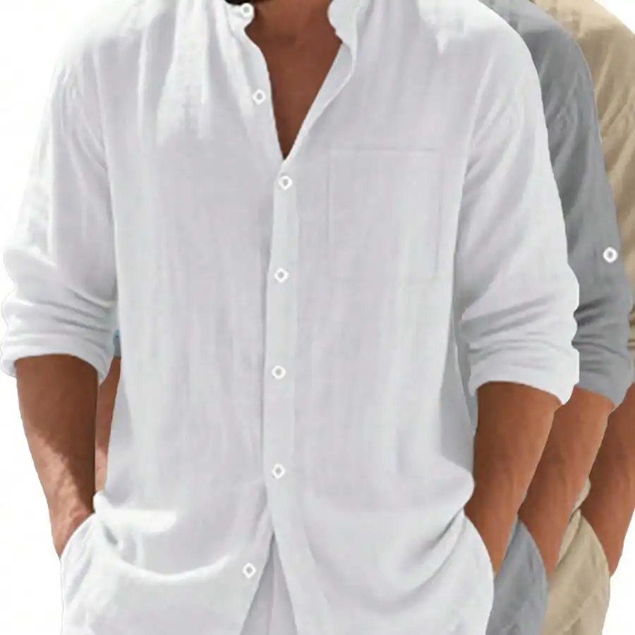 3pcs Mens Linen Casual Long Sleeve Button Shirt For Beach Vacation Leisure