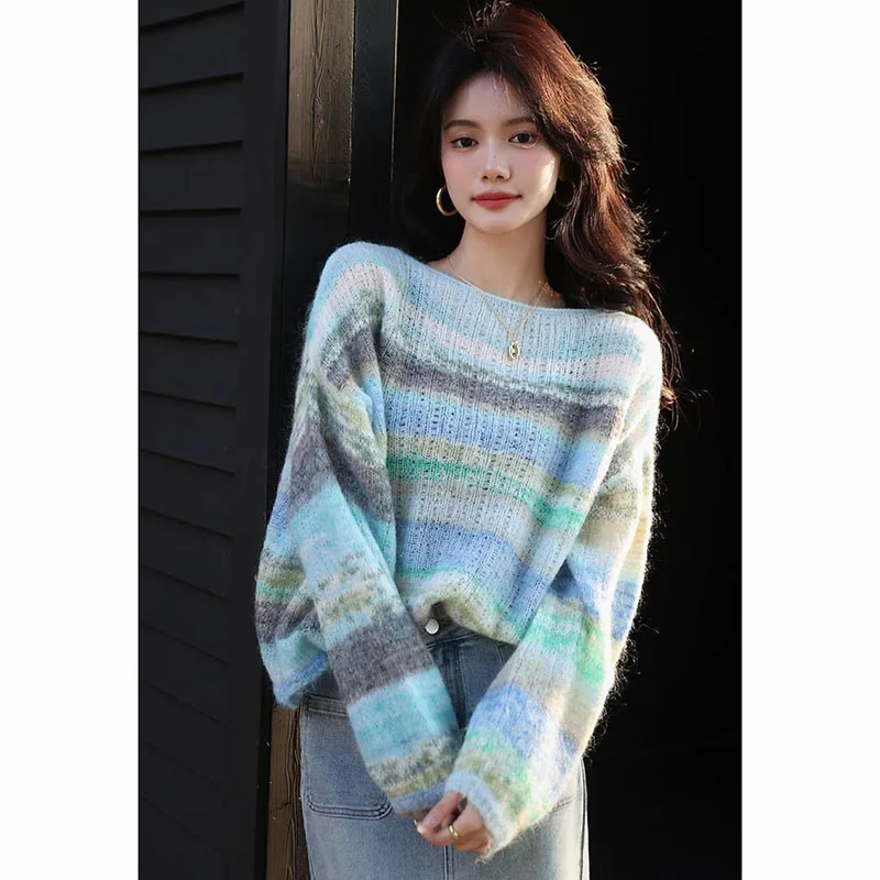 

Zoki Fall Fashion Tie Dye Striped Sweaters Women Harajuku Lazy Style Knitted Sweater Pullovers Loose Casual Long Sleeve Jumpers