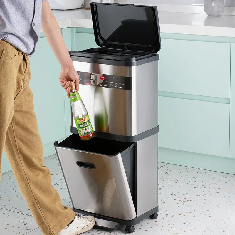 Stainless Steel Kitchen Trash Bin, Elegant Double Layer Garbage Can, Foot Pedal Design, Easy Waste Sorting