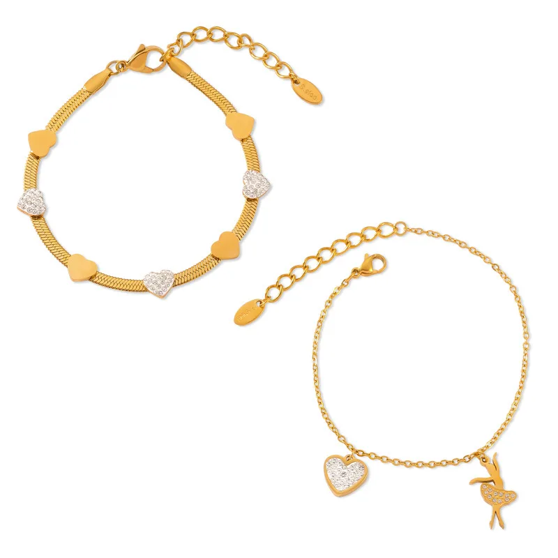 Simple statement jewelry, zircon-encrusted love pendant, titanium steel gold-plated bracelet