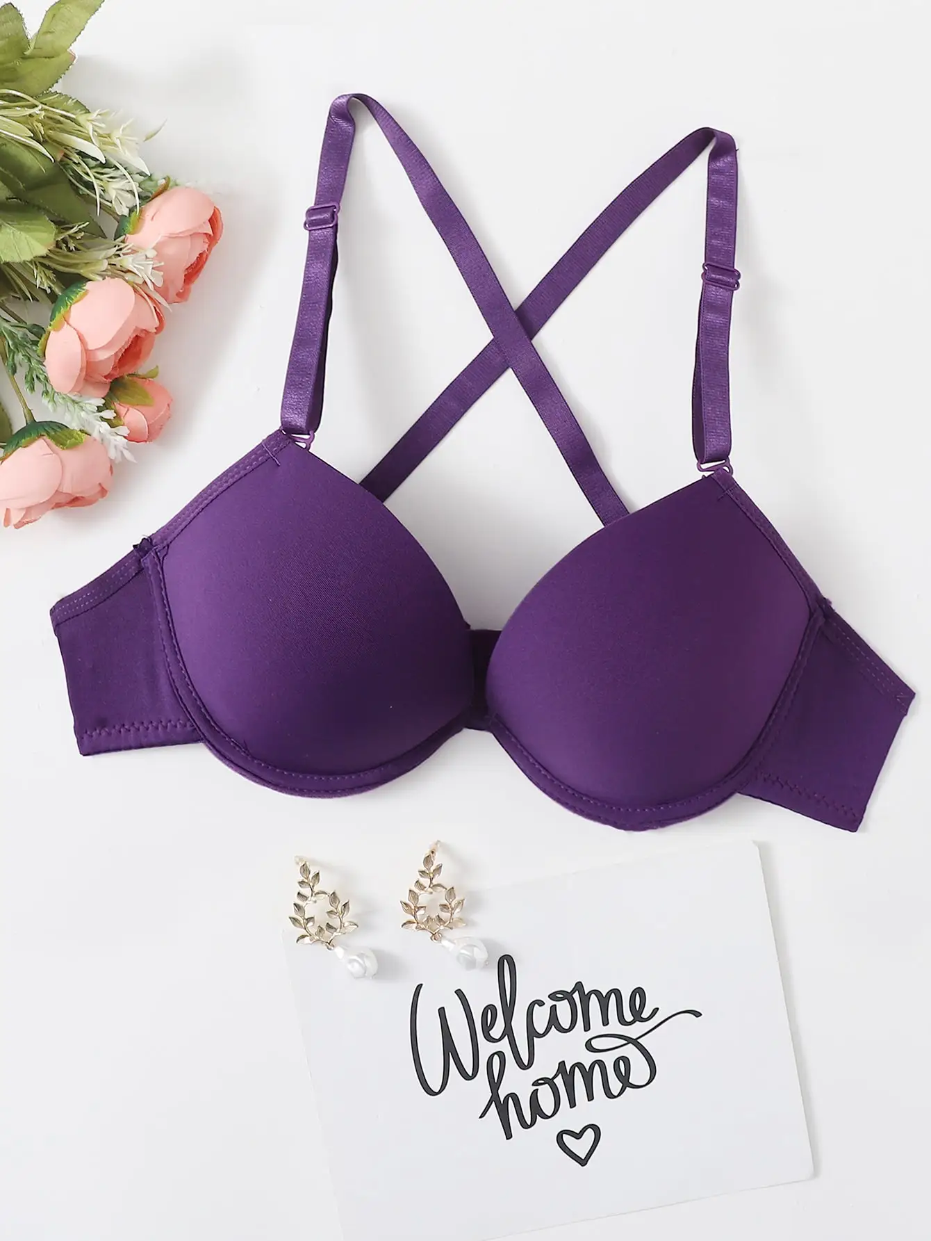 Sujetador de soporte de acero con tira morada, sujetador sexy con espalda cruzada, ropa interior para mujer, correas desmontables para los hombros A2122