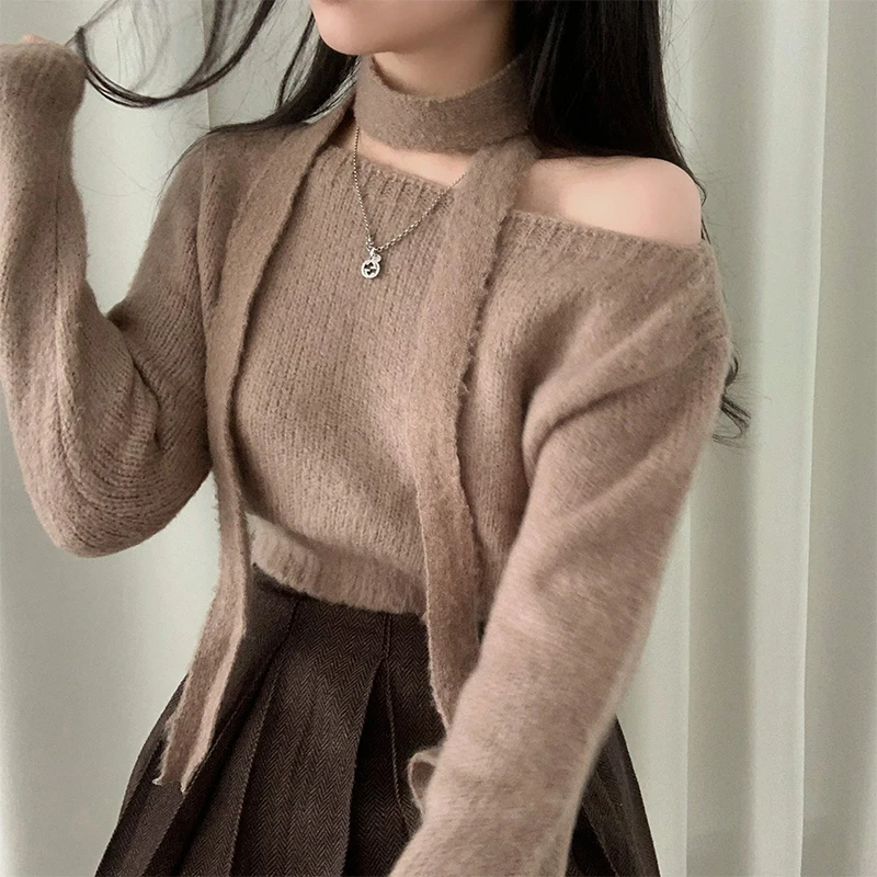 Oblique Collar Strapless Sexy Solid Color Long-sleeved Sweater Women 2024 Spring New Korean Loose Casual Knitted Tops with Scarf