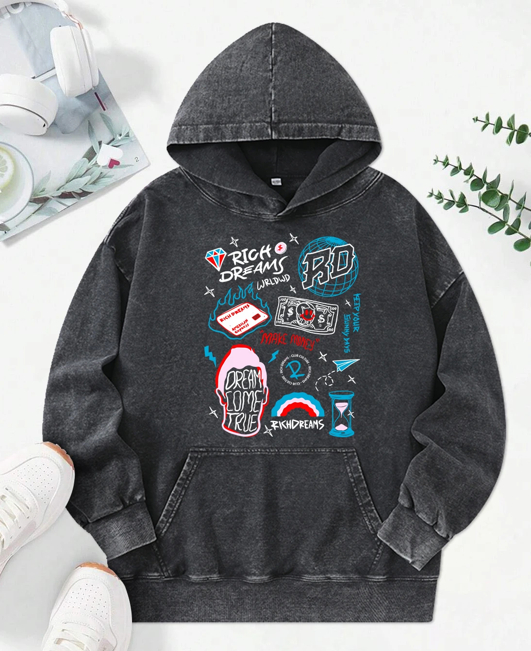 Make Money Creative Illustration Prints Female Hoodies Fashion Loose Hoody Casual Cotton Sweatshirt All-Match Casual Sportswear