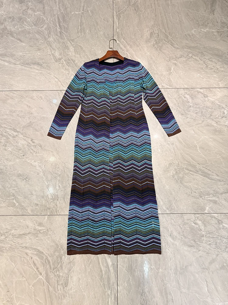 Spring Summer Fashion Vintage Zigzag Pattern Knitting Long Style Cardigan Women's V-Neck Long Sleeve Gold thread Loose Coat