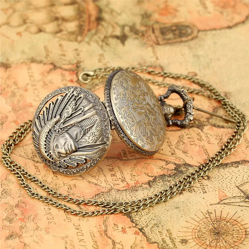 Antique Retro Indian People Quartz Pocket Watch Chain Bronze Watches for Men Women with Pendant Arrow Accessory Gift Clock