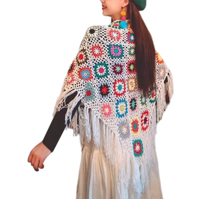 Áo Len Ponchos Bohemian Handmade Móc Áo Tua Rua Khăn Choàng Quấn Cho Du Lịch Kỳ Nghỉ Khăn Choàng Đan Mũi