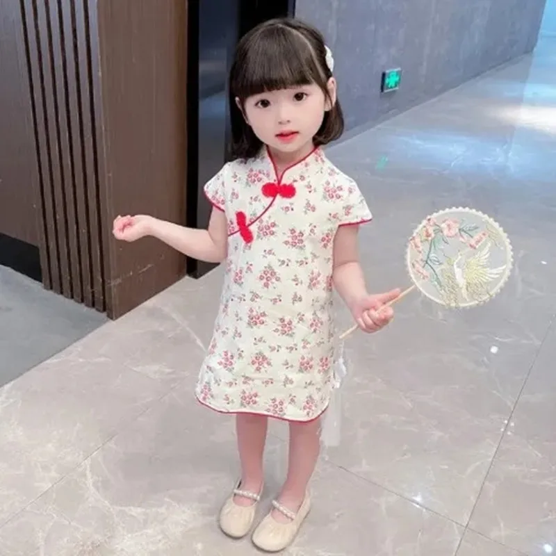 Girls Cheongsam Dress New Summer Dress Little Girl Baby Hanfu Princess Dress Children's Chinese Style Short Sleeve Floral Dress