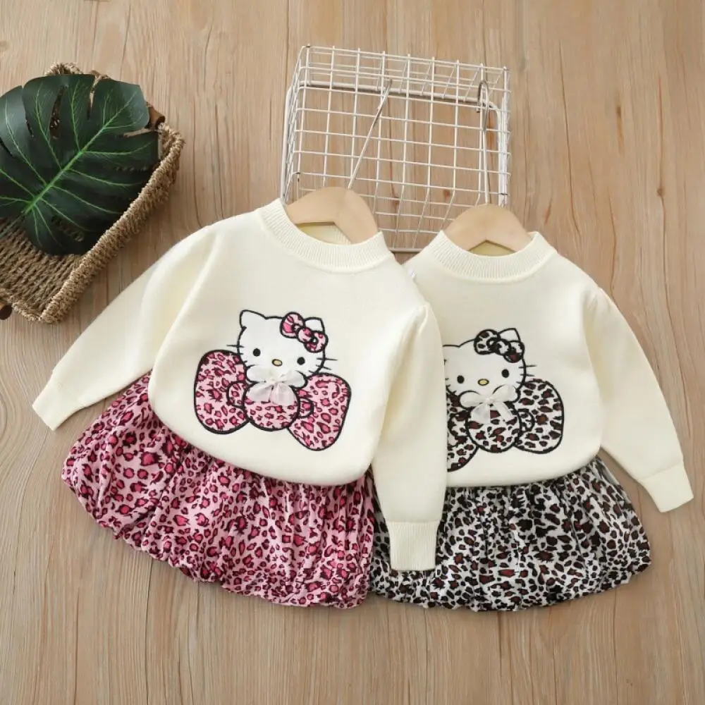 

Sanrio Hello Kitty Children's Sweet and Fashionable Crew Neck Sweater Kawaii Autumn Girls Cartoon Cute Pullover Sweater Set