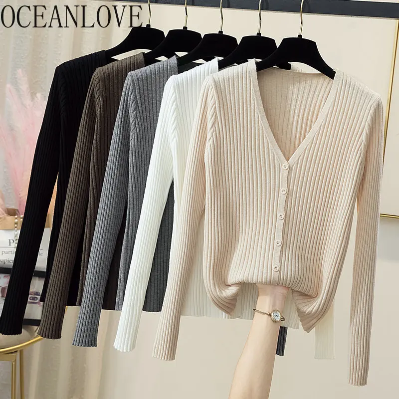 OCEANLOVE Short Cardigans Solid Spring Autumn V Neck Basics Korean Fashion Women Sweaters Single Breasted Sueteres Mujer