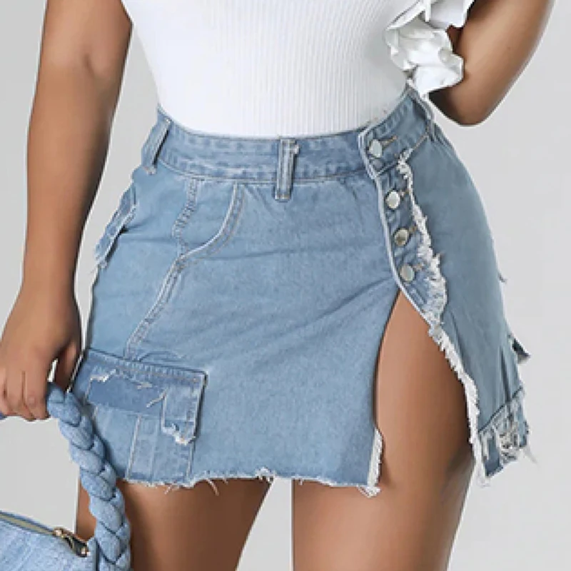 Fashion High Split Button Denim Skirts Women Denim Blue Multi Pockets Mini Skirts Streetwear Lady Fringe Bodycon Skirts Summer