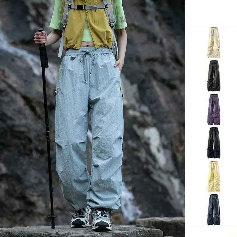 Women Hiking Pant Autumn Outdoor Sports Waterproof Paratrooper Pants Elastic Waist Camping Trousers Solid Cycling Fishing Pants