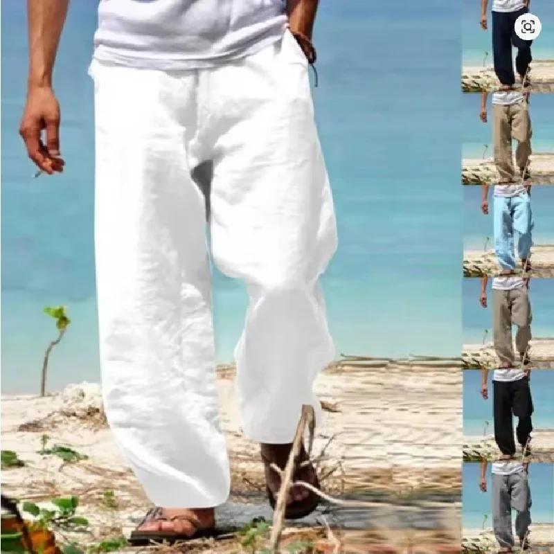 

Spring and summer new men's solid-color cotton and linen casual long pants, Hawaiian beach loose sports and breathable street pa
