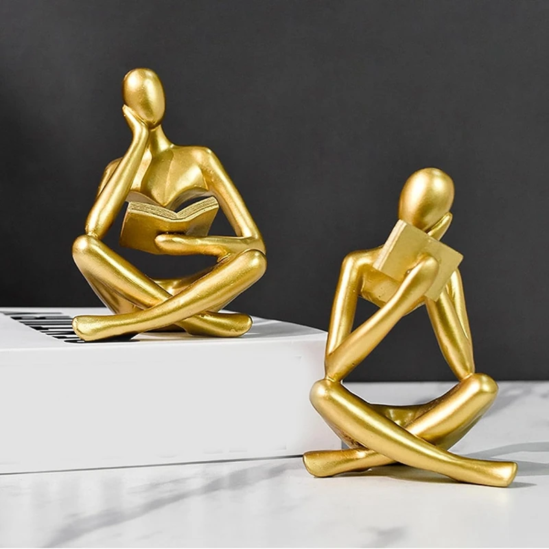 Thinkers Sculptures,Gold Thinkers Resin Statue Reading Ornament,Thinkers Sculpture Decoration, Modern Book Decor Easy To Use B