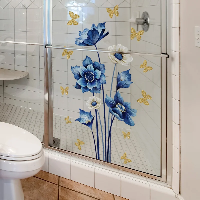 

1PC Blue butterfly flower Wall Sticker For Bathroom Toilet Decor Living Room Home Decoration Mural Beautify Self-adhesive Decals